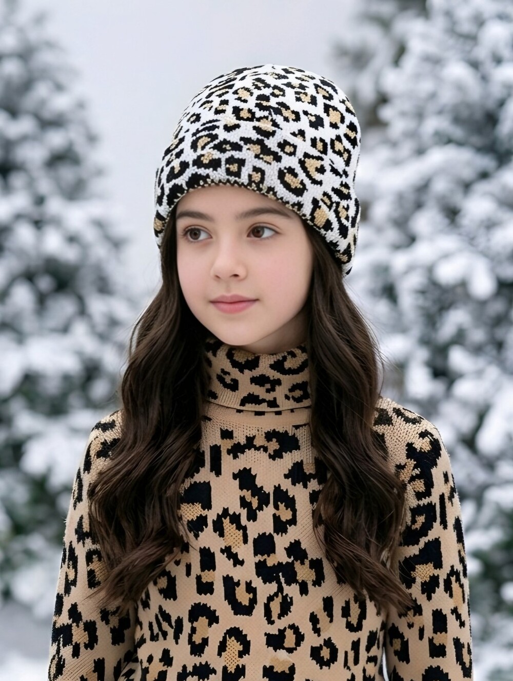Childrens Place Girls Leopard Print Knit Beanie Winter Hat Black White NWT 4-7